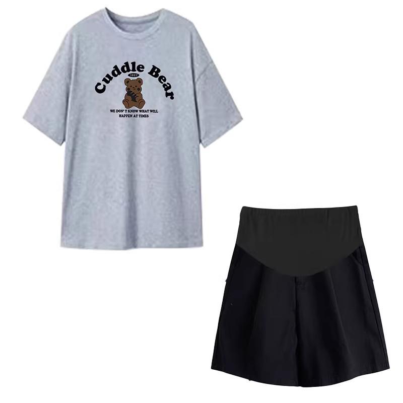 Summer Maternity Light Gray Cotton T-Shirt & Shorts Set - Korean Style, Casual, Loose Fit, Short Sleeve Two-Piece