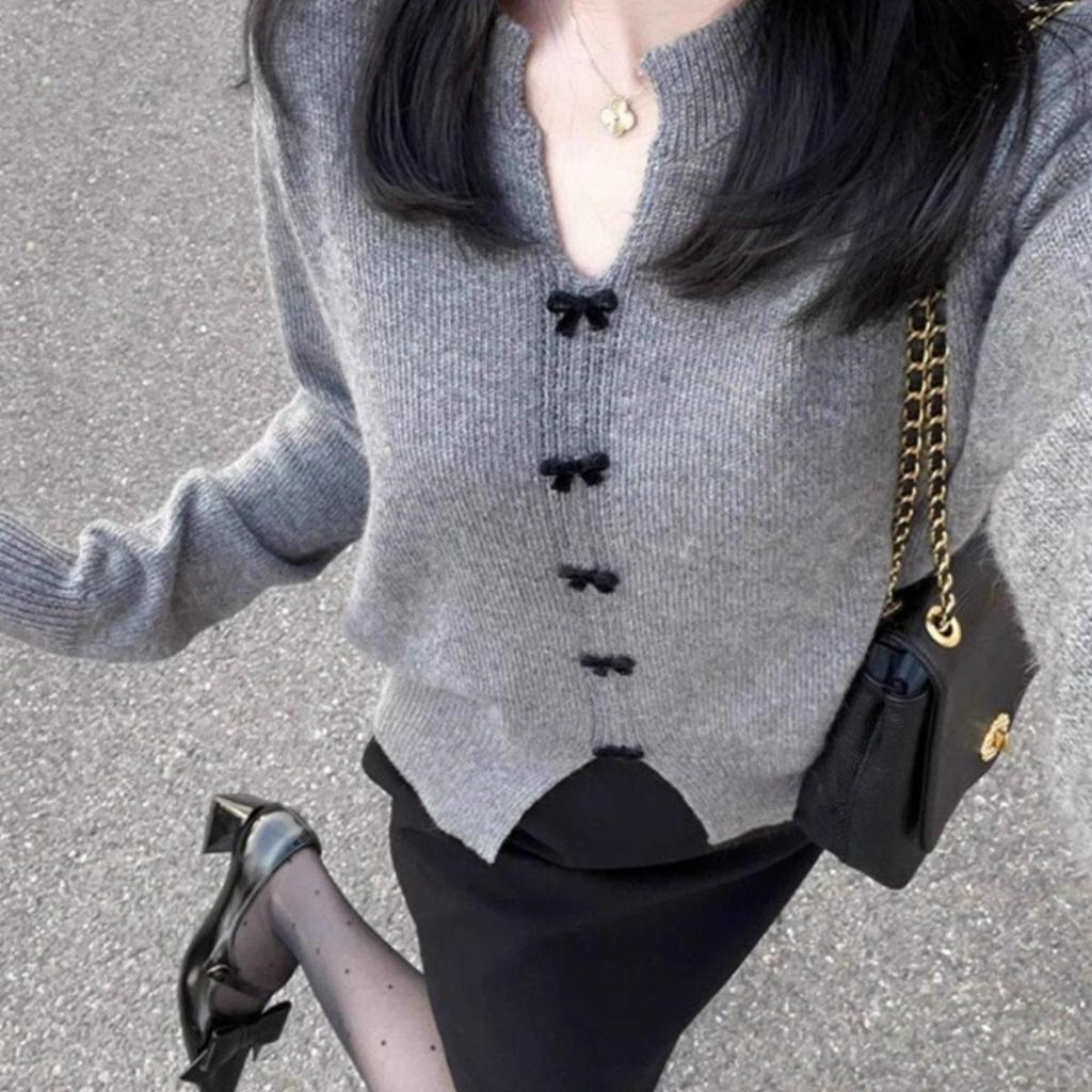 Damen Chic Französisches Grau V-Ausschnitt Schleife Strickpullover - Kleiner Duft Stil für Herbst und Frühling