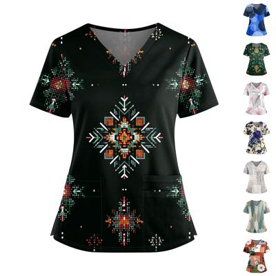 Ladies' Fashionable Floral Print V-neck Double Pocket Short Sleeved Shirt With Slit Hem And Protective Worker's Top