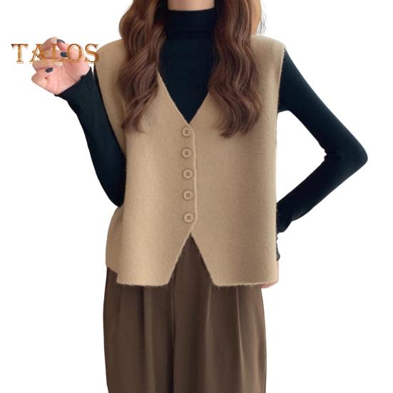 Jesień Zima Damska Kamizelka Dekolt w Serek Zapinana Na Guziki Jednolity Kolor Luźna Dzianina Gruba Utrzymuje Ciepło Bez Rękawów Luźny Sweter Top