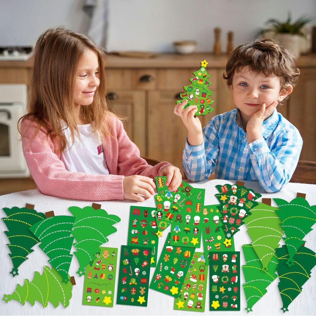 Christmas Tree DIY Craft Set for Kids 24 Cards Stickers Ribbons Interactive Ornaments Toddler Wall Decor Classroom Activity