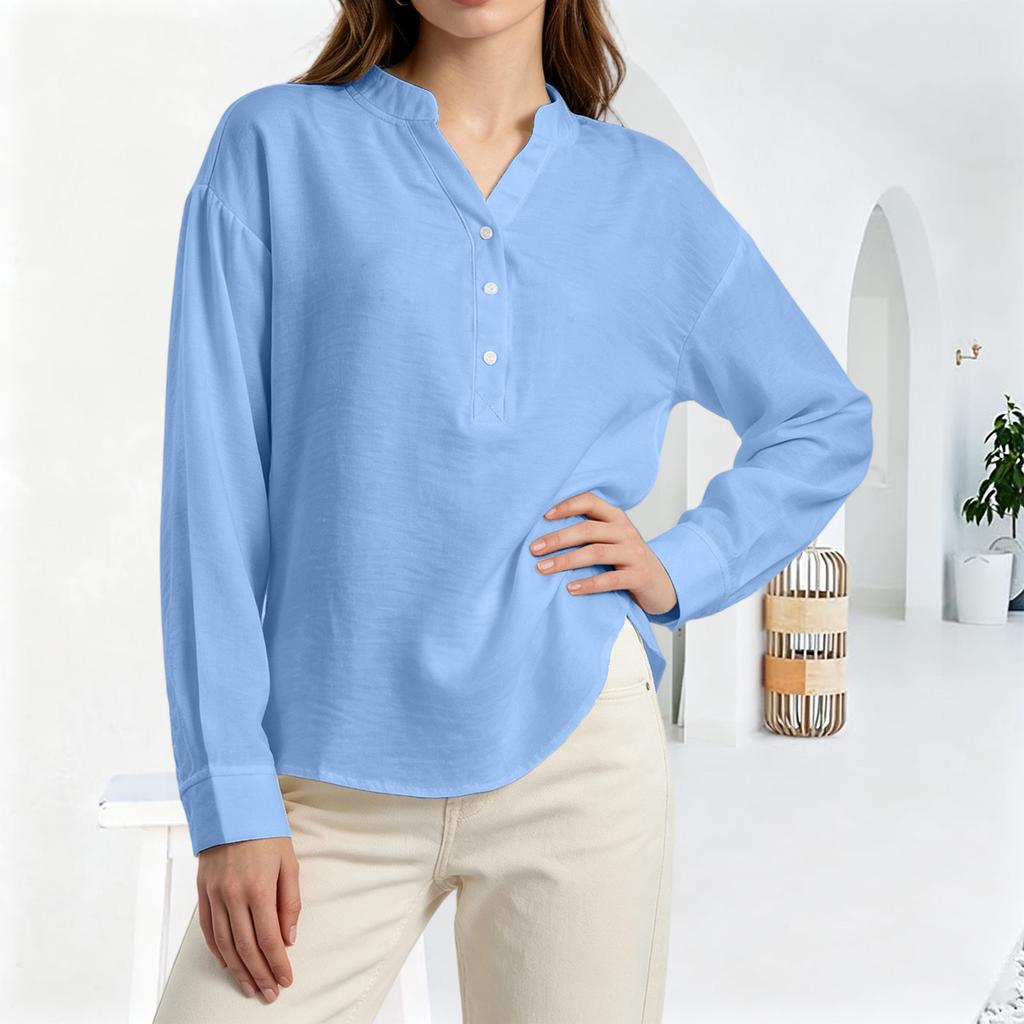 Women's Fashion Casual Loose Pleated Button-Up Long Sleeve  Color Pullover Shirt Top