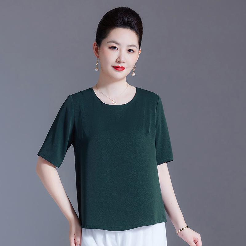 

Silk Short-Sleeve Top for Mature Women - Loose Fit, Plus Size, Breathable Mulberry Silk XL (Recommended 100-110 Jin) темно-зелений колір