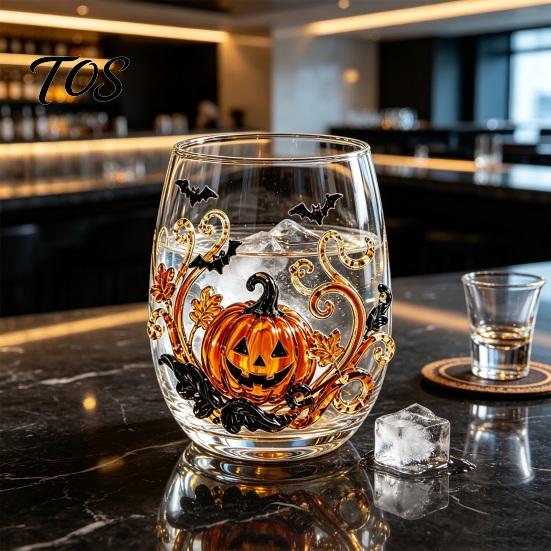 Einzigartiges Totenkopf- Weinglas Halloween Geist Whiskeyglas, Schwarze Katze Spinnennetz Tumbler für Gothic-Wohnkultur Cocktail, 350ml Gruseliges Trinkgeschirr Bar,