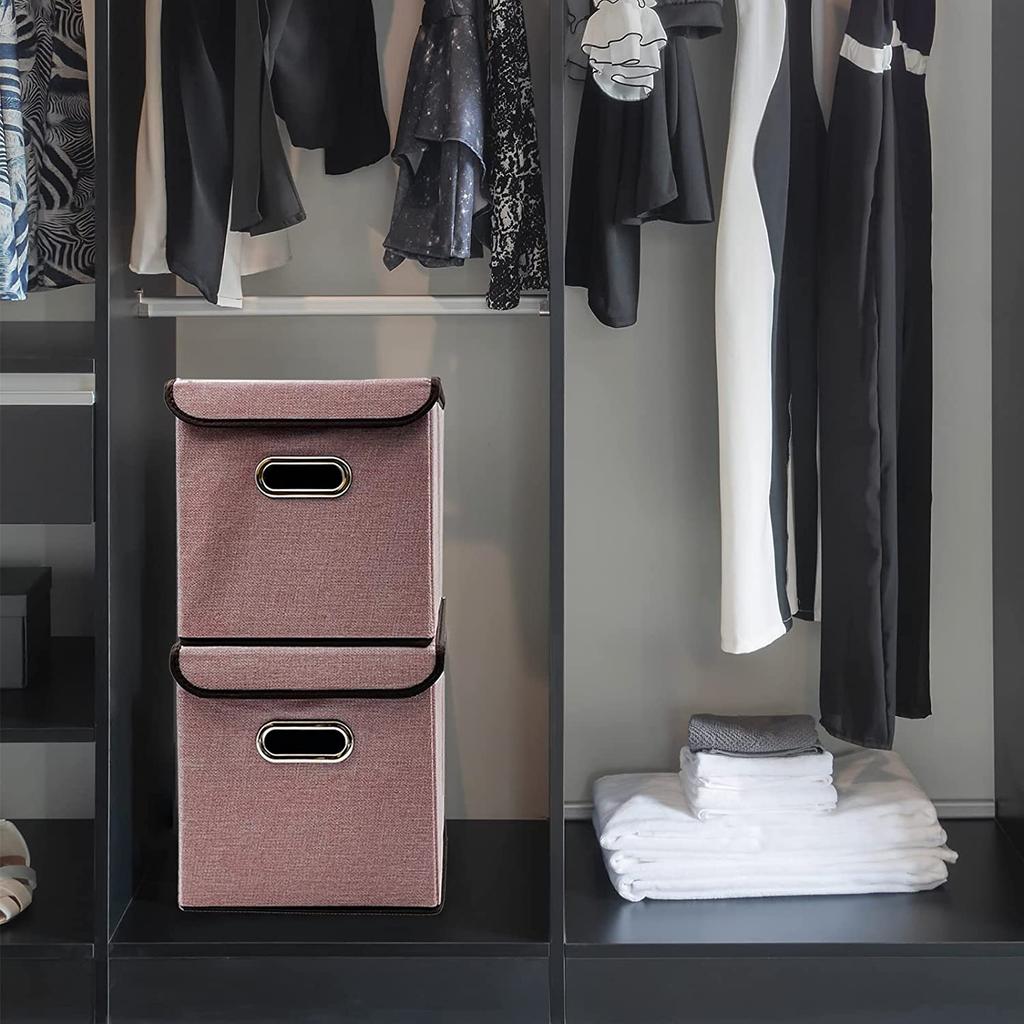 2 Pezzi Contenitori Pieghevoli con Coperchio 25*25cm Cestini Portaoggetti in Tessuto di Lino Lavabili Scatola Decorativa
