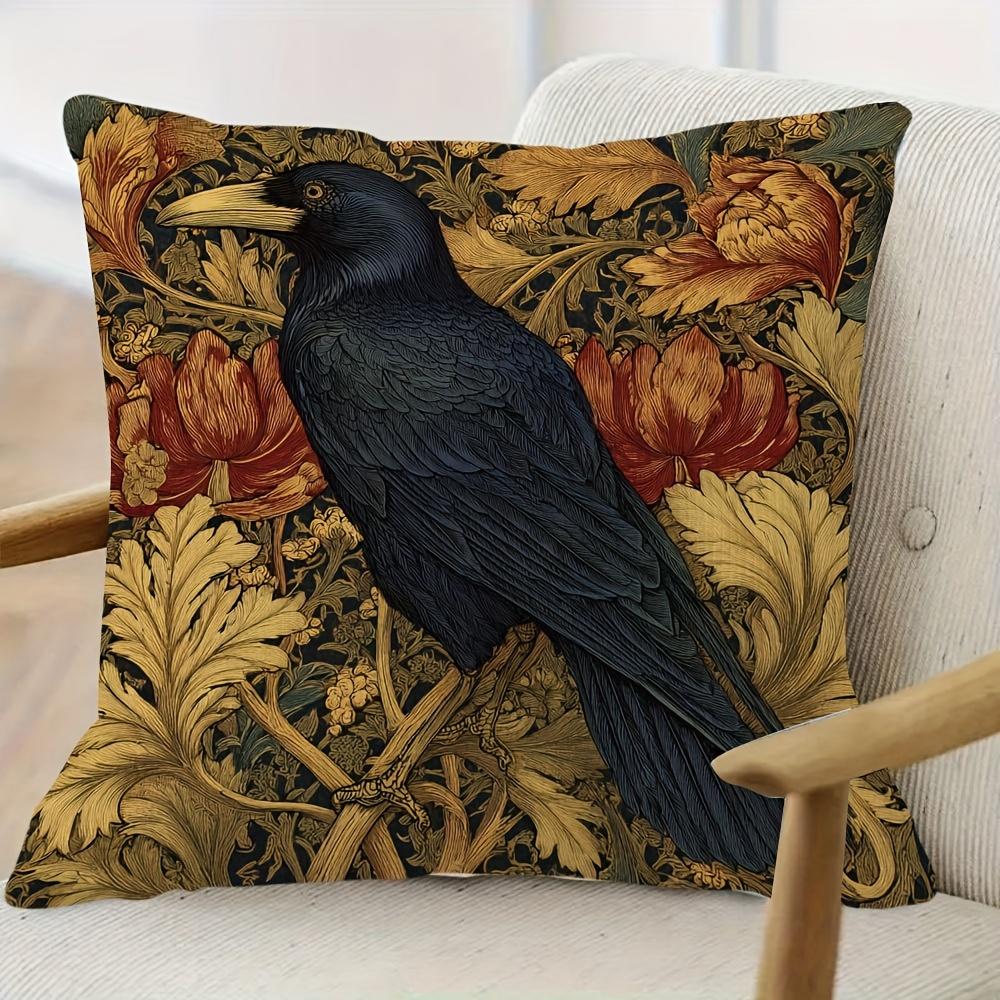 1Pc William Morris Moody Rook Victorian Floral Bird Print Pillow Cover - 18X18 Inch Luxury Short Plush Case With Golden Foliage