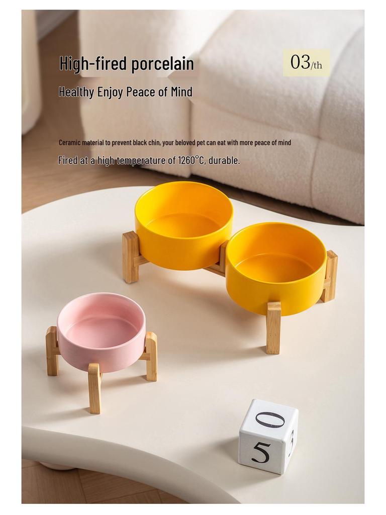 Ceramic Pet Food Bowl with Elevated Bamboo Stand - Anti-Tip Design for Dogs and Cats, Protects Cervical Spine