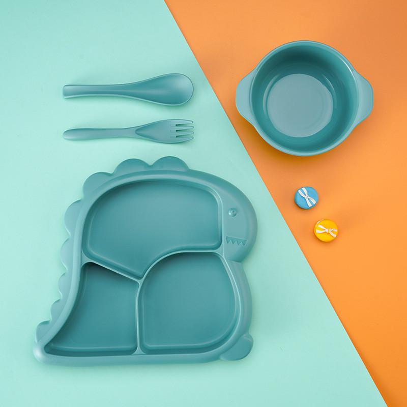 Cartoon Dinosaur Three Compartments Dinner Plate Spoon Fork Bowl Cutlery Set For Kids