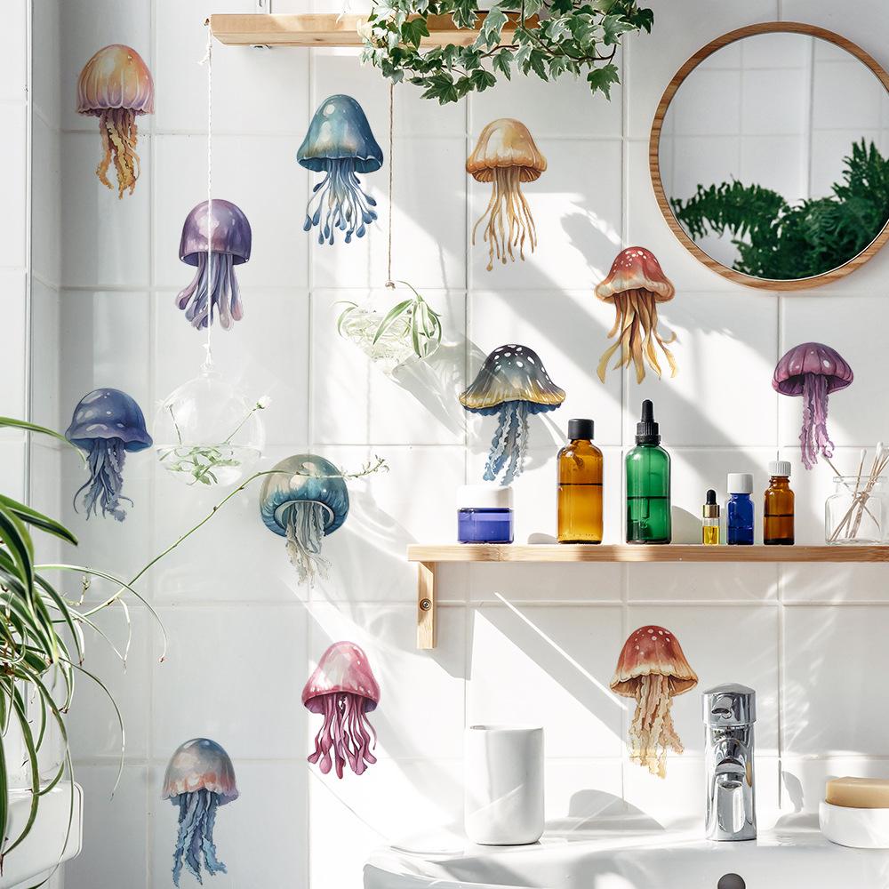 Hand-Painted Vibrant Jellyfish Wall Sticker Sea Life Ocean Theme Self-Adhesive Removable Decor for Bedroom Living Room Wall Art