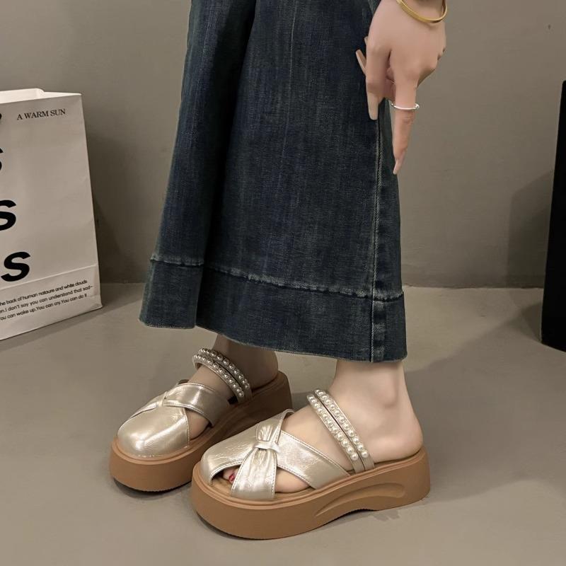 High-end Silver Two-wear Hollow Bag Head Half Slippers Women's 2025 Summer Wear with Skirt Pearl One-pedal Sandals