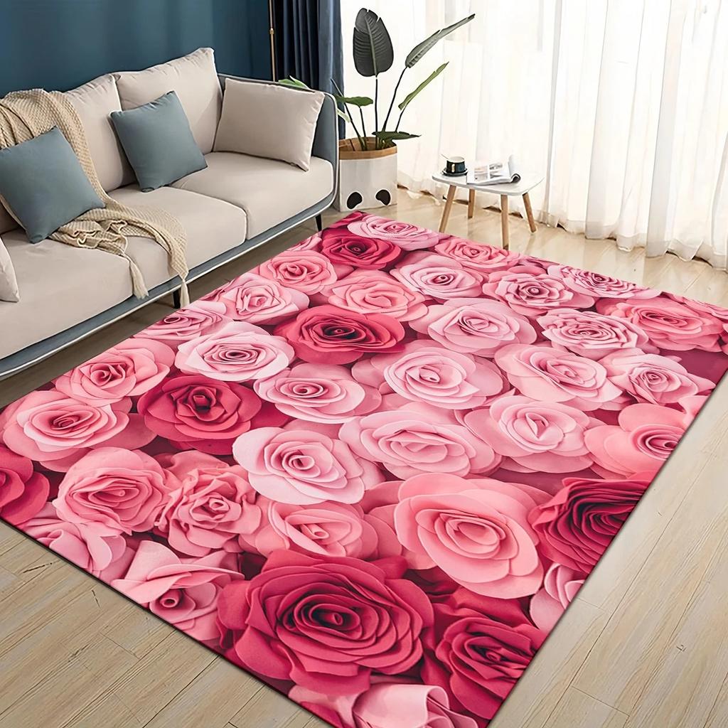 Modern Simplicity Style Colorful Rose Romantic Flower Love Carpet Rug Living Room Bedroom Home Sofa DecoratioNon-slip Floor Mat