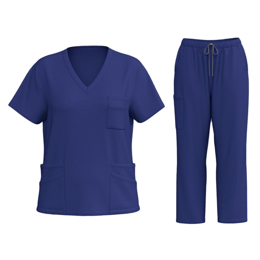 Women's Fashion Short Sleeve V Neck Pattern Tops Pocket Working Set