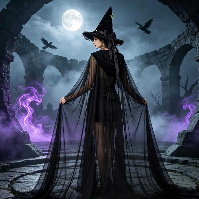 Witch Hat Cape Set Halloween Costume Party Adult Unisex Purple Black Red Green