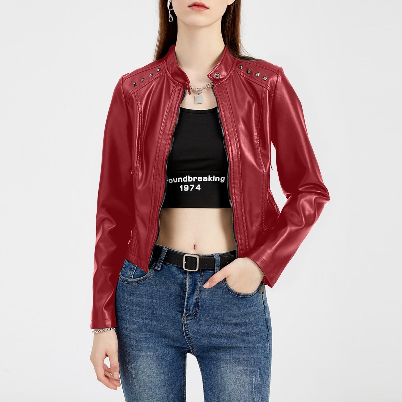 

Женская кожаная куртка весна-осень с длинным рукавом, модная куртка с воротником-стойкой XL винный