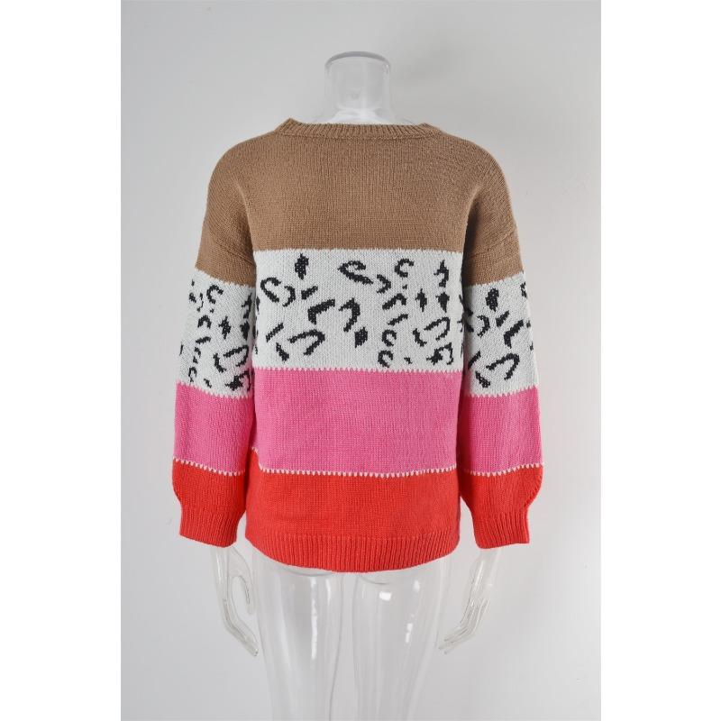 Women's Autumn and Winter Leopard-print Patchwork Knitted Pullover Plus Size Sweater