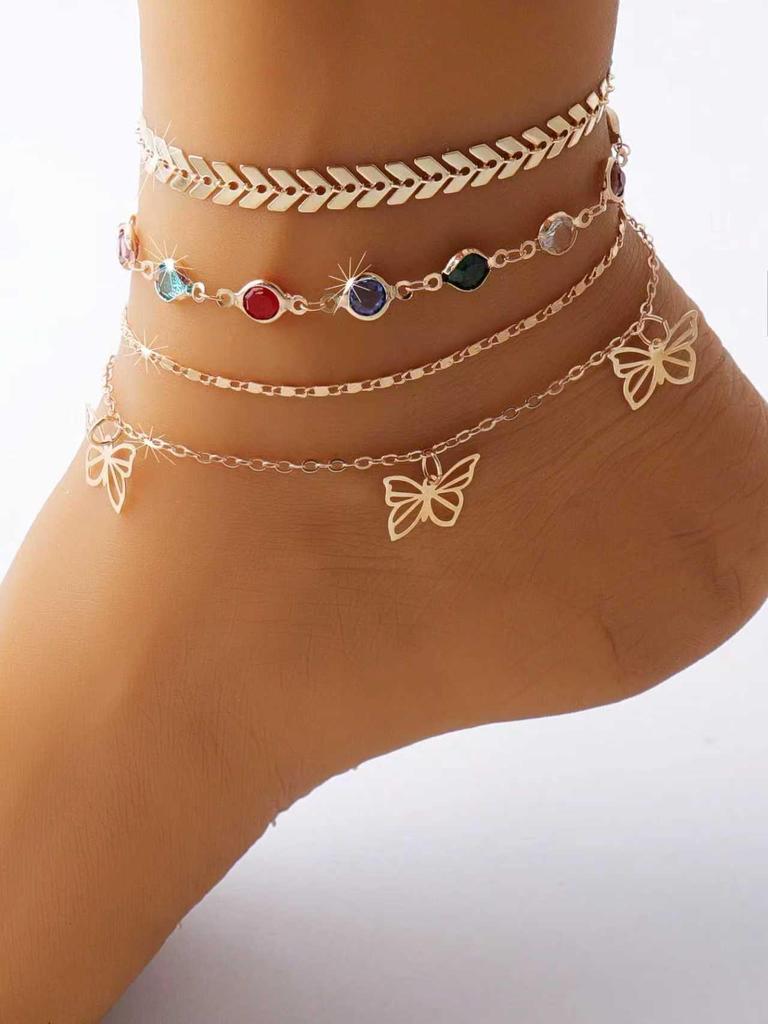 European & American Multi-Layer Crystal Chain Butterfly Anklet - Beach Style Foot Jewelry
