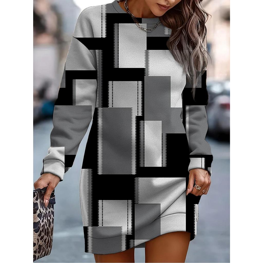 GMXIA Autumn Winter Women's Print Color Contrast Crewneck Hoodie Dress