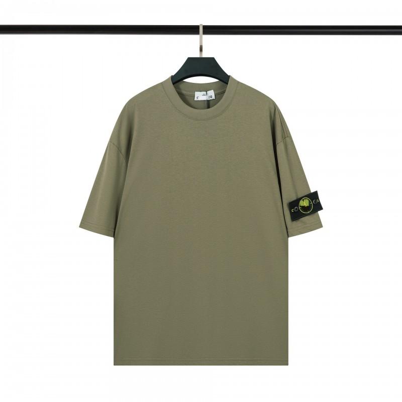 Stoneh Classic Patch Solid Color T-Shirt Men Women High Street Basic Short Sleeve Crewneck Casual Top