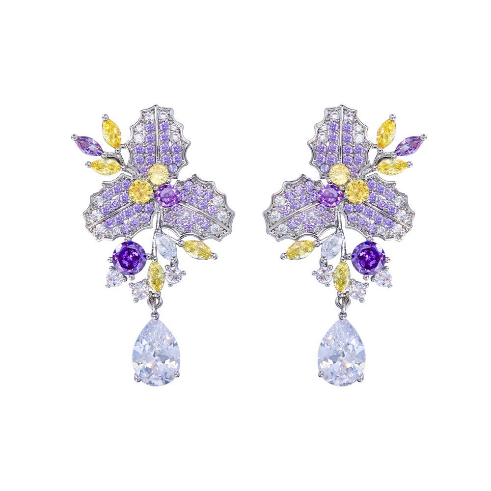 French Light Luxury Temperament Design Sense Flower Full Diamond Drop Earrings Bright Zircon Ear Jewelry