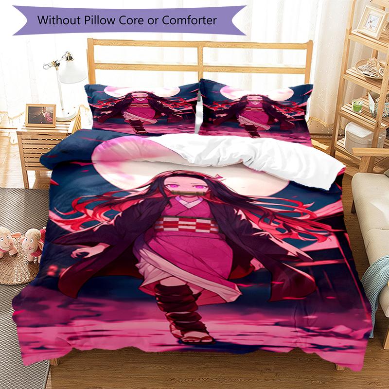 3pcs Demon Slayer Nezuko Pattern Bedding Set Duvet Cover Set Includes Duvet Cover &pillowcases, Perfect All Season Bedroom Decoration & Gift