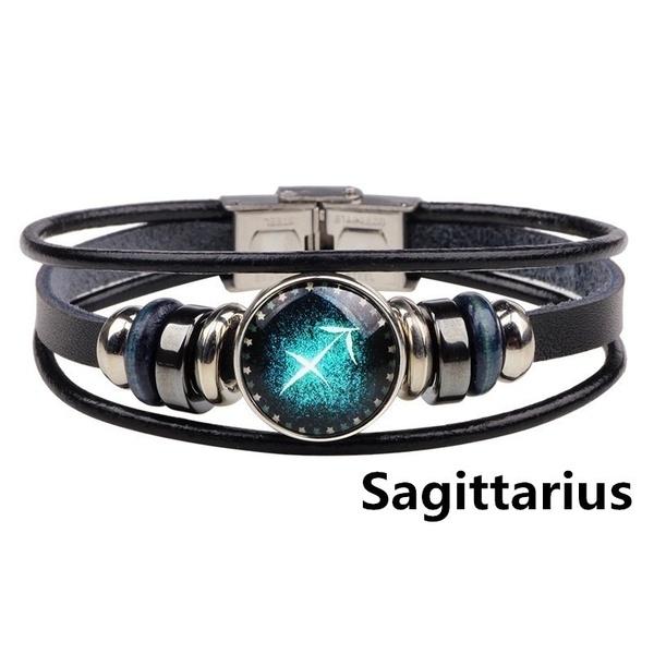 Vintage 12 Constellation Starry Leather Bracelet Multilayer Wrap Leather Bangle Birthday Gift