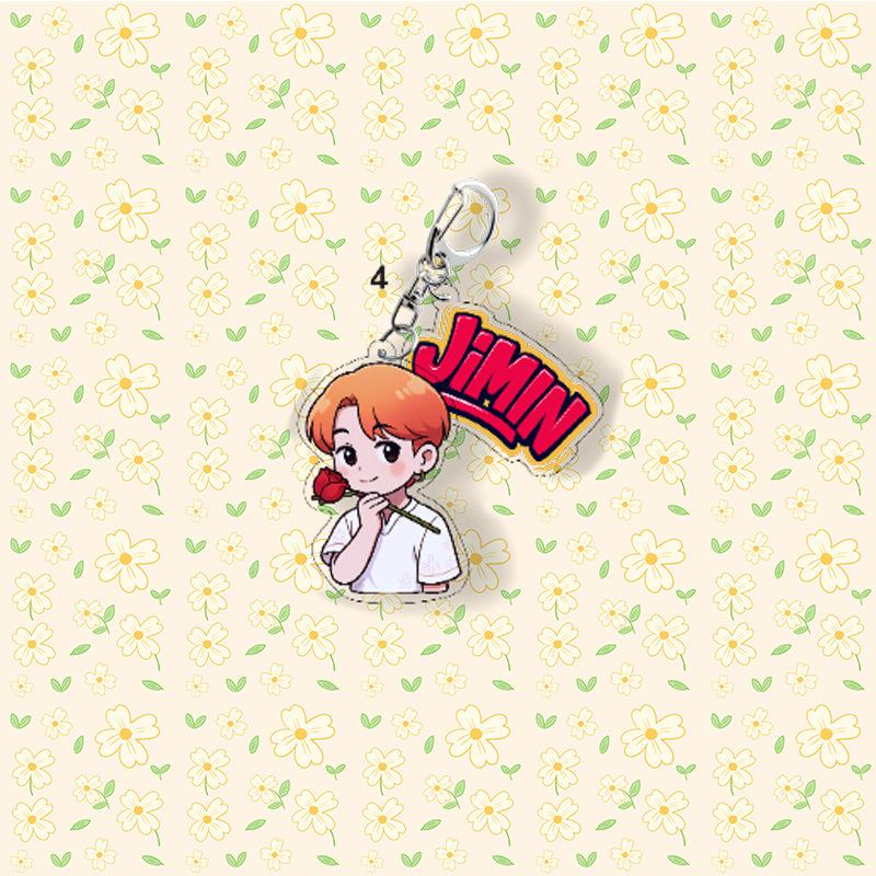 7pcs BTS Cartoon Rose Keychain, All Members' Design Pendant, Celebrity Merchandise Support Charm, ARMY Support Merchandise