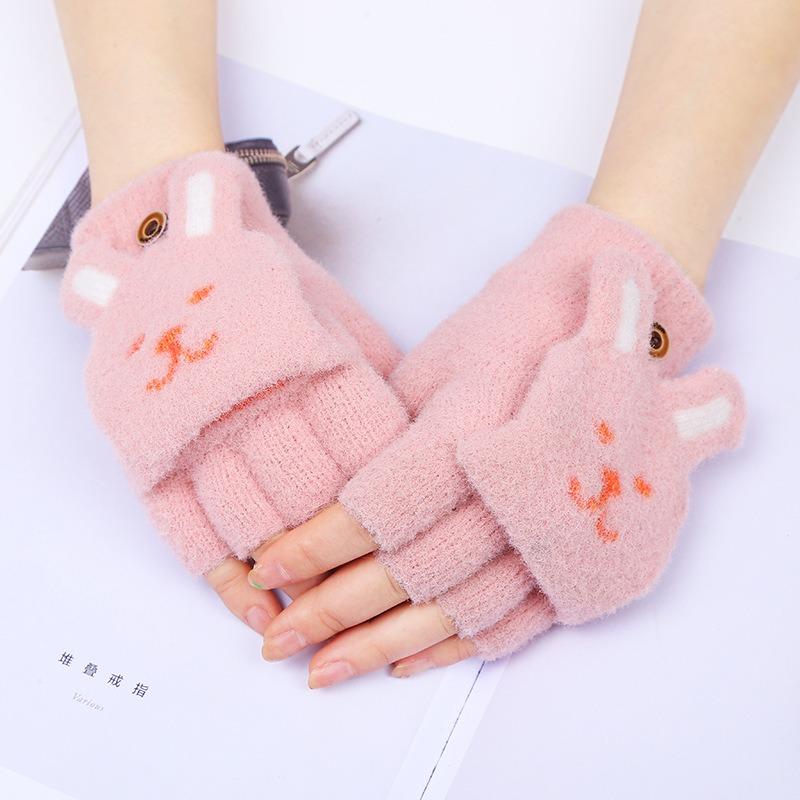 Student writing half finger flip gloves plush cute rabbit face girl exposed fingers to keep warm female winter