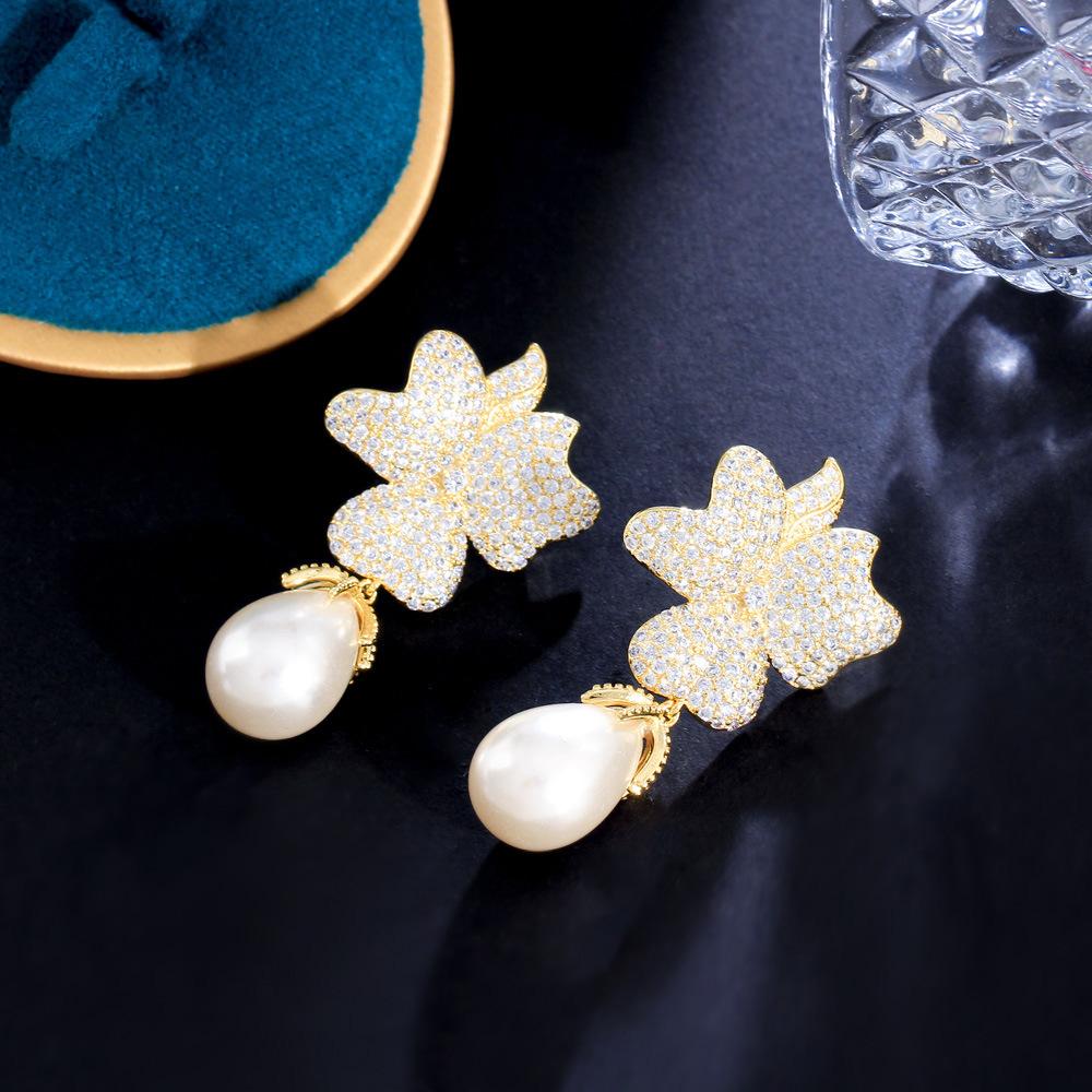 Needle Premium Sense Zircon Flower Pearl Earrings Unique Super Flash Earrings Earrings
