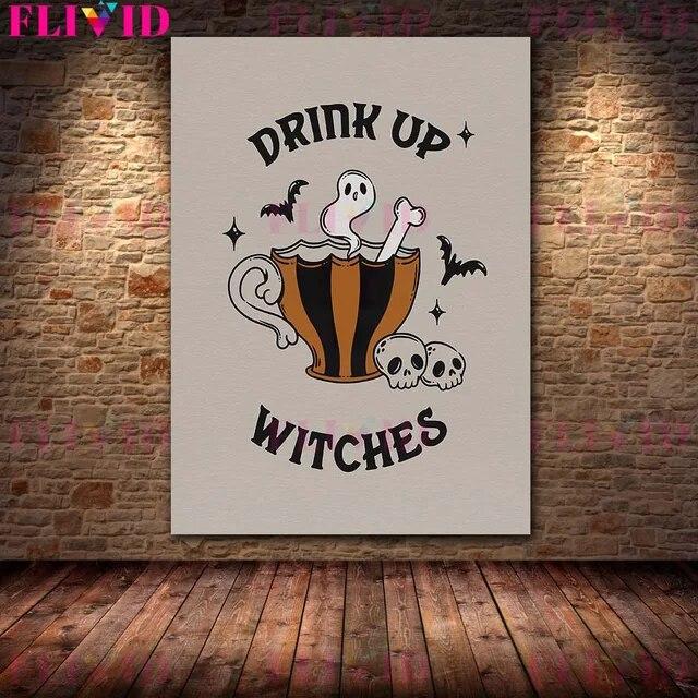 Boho Witchy Potion Art Print Witchy Halloween Broom And Spooky Coffin Wall aArt Canvas Painting Altar Decor Magic Poster Print No Frame