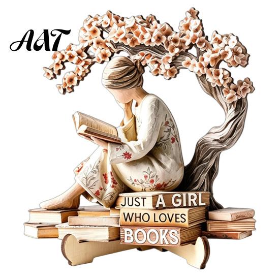 Exquisite Desktop Figurine Decor Wooden Reading Girl Figurine, Stable Pastoral Style Statue Decorative for Desk Decor, Artistic Healing Ornament,