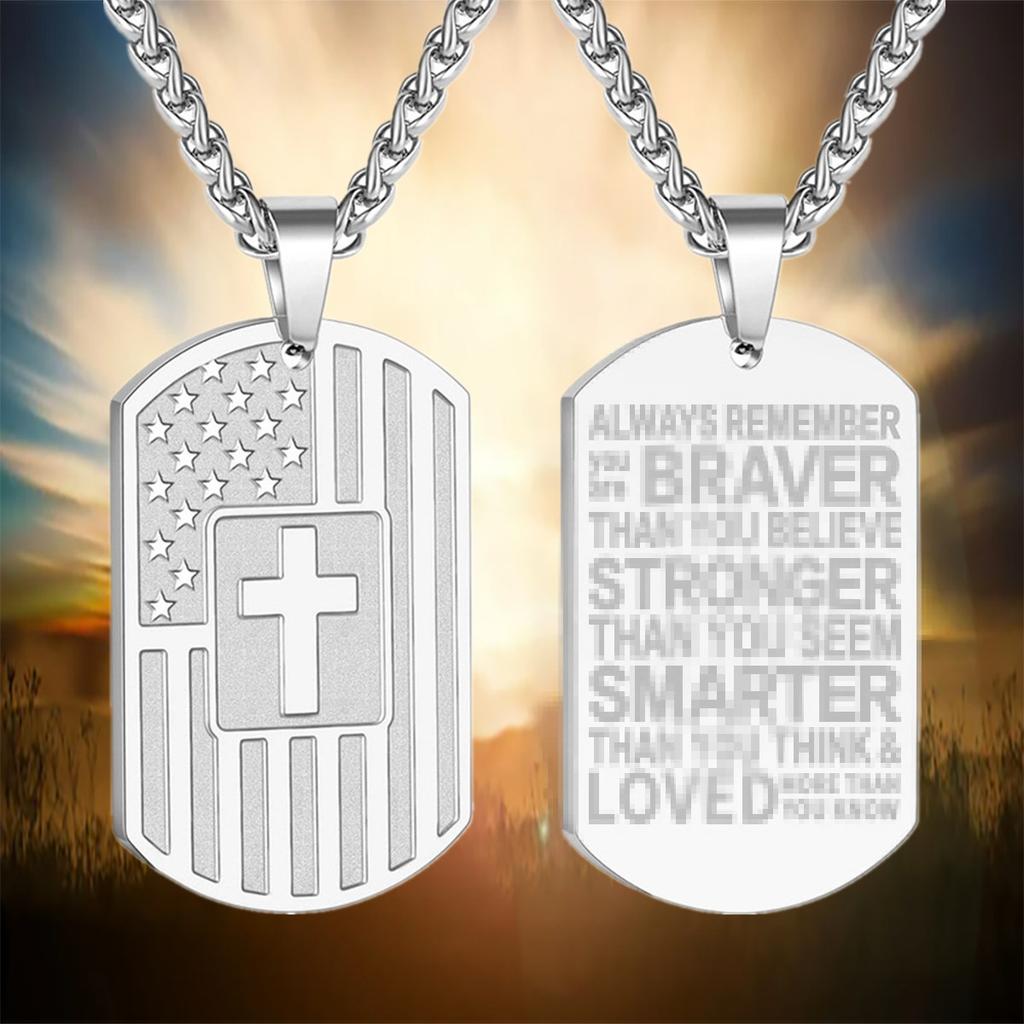 American Flag Stars and Stripes Trendy Fashion Lettering Cross Dog Tag Pendant Necklace