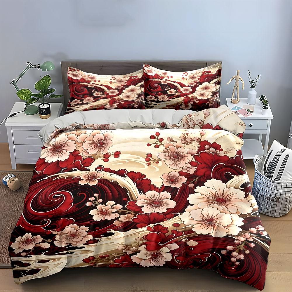 Cherry Blossom Wave Design Bedding Duvet Cover Set (1*Duvet Cover 2*Pillowcases, Without Duvet Insert)