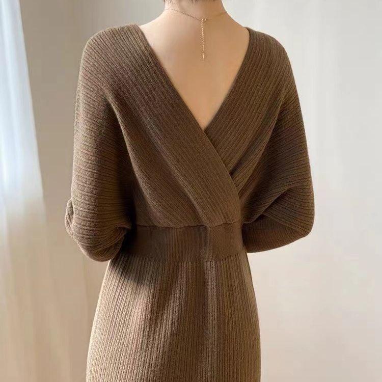 GMXIA Slim-fit V-neck Wrap Hip Dress Women's Long-sleeved Style Waist Knit Dress