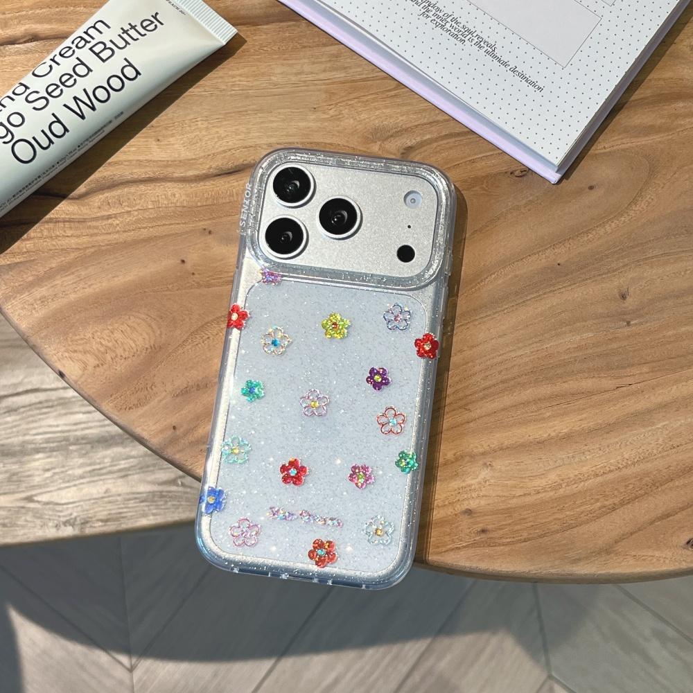 Korean ins style niche spring color flowers are suitable for Apple 17ProMax mobile phone case iphone15 new 16pro girl 17pro transparent fine flash