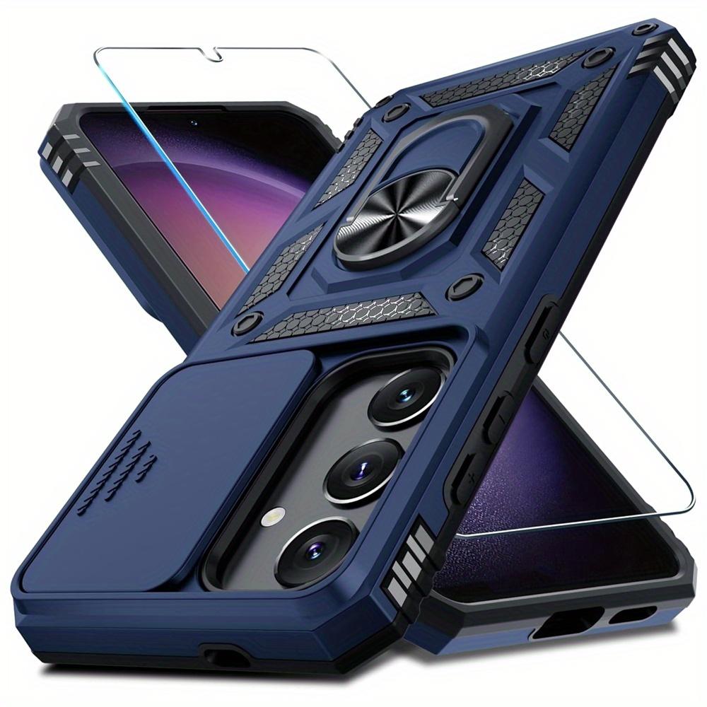 Schutzhülle für Samsung Galaxy S25 S24 Ultra S23 Plus S22 S21 S20 FE 5G mit einem Displayschutz aus gehärtetem Glas, Ring-Kickstand, Schiebekameraabdeckung