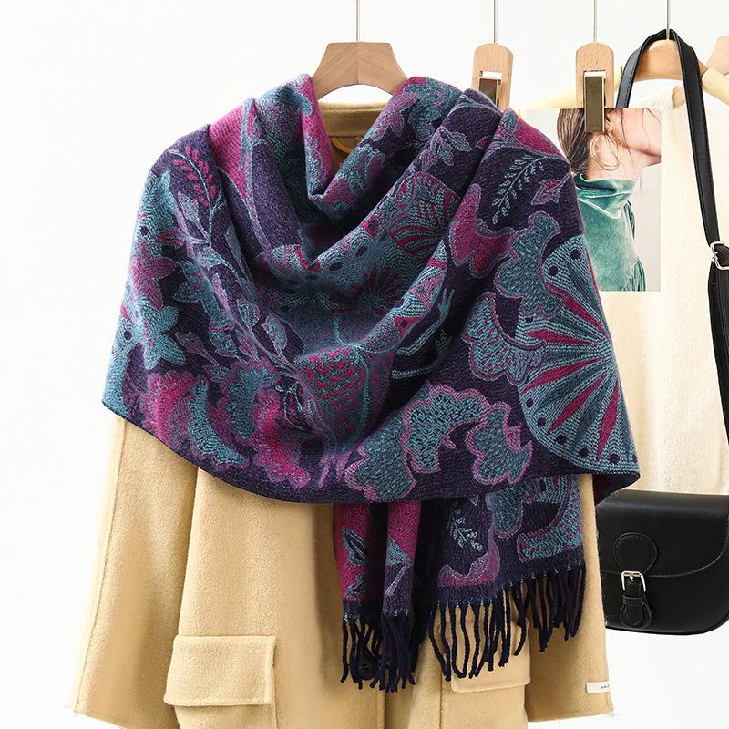Jacquard Scarf Shawl with Decorative Imitation Cashmere Scarf for Women Winter High End New Style Thickened Ethnic Style Shawl