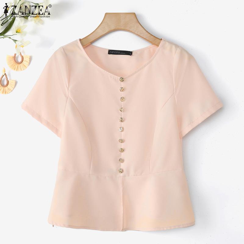 ZANZEA Women Casual Round Neck Solid Color Summer Short Sleeve Blouse