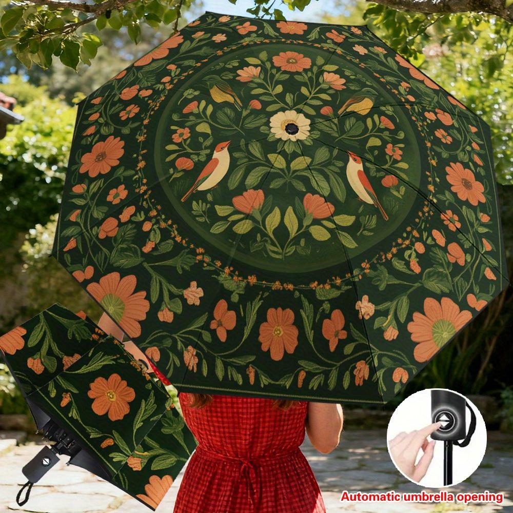 

1pc Automatic Folding Umbrella with Green Birds & Blossoms Print - 8-Rib Sturdy Frame, Resistant, Compact & Lightweight for Da (as the picture,Iron&8K)