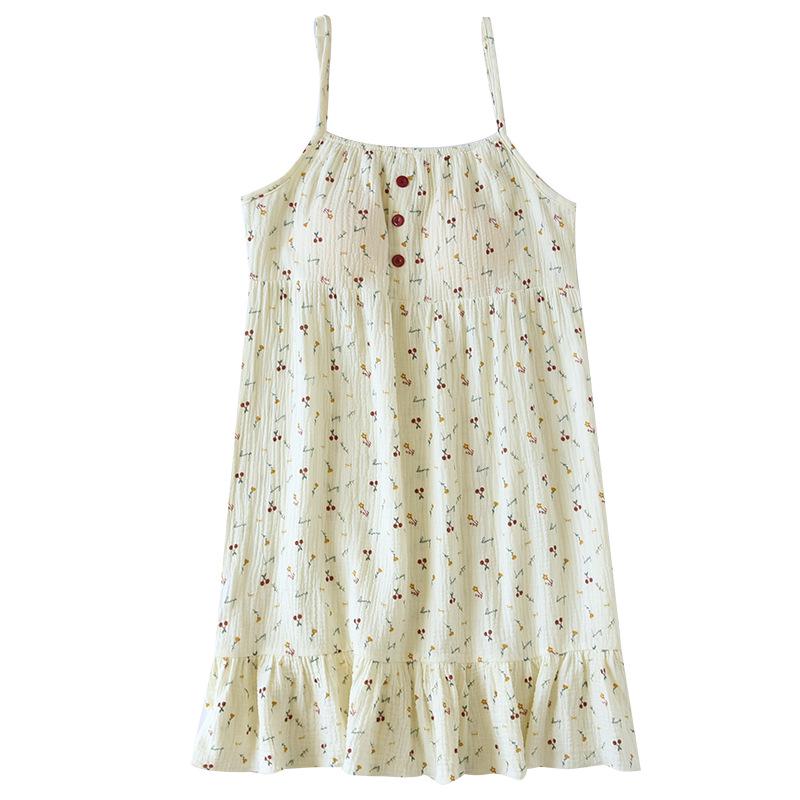 Girl's Floral Bubble Double-Layer Crinkle Cotton Nightgown with Built-In Bra Pads