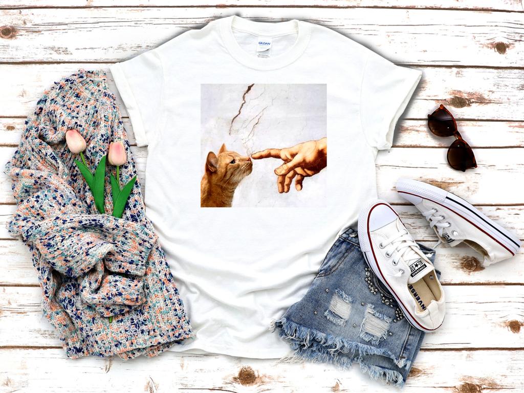 Michelangelo Creation of Adam Hands Cat 3 4 Short Sleeve Woman T-shirt F030