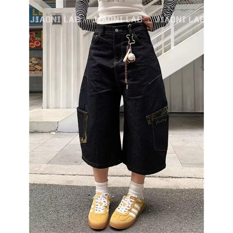 

Винтажные Свободные Прямые Синие Джинсы Харлан Шаровары Женские Уличные Леопардовый Карман Повседневные Брюки 3XL чёрный