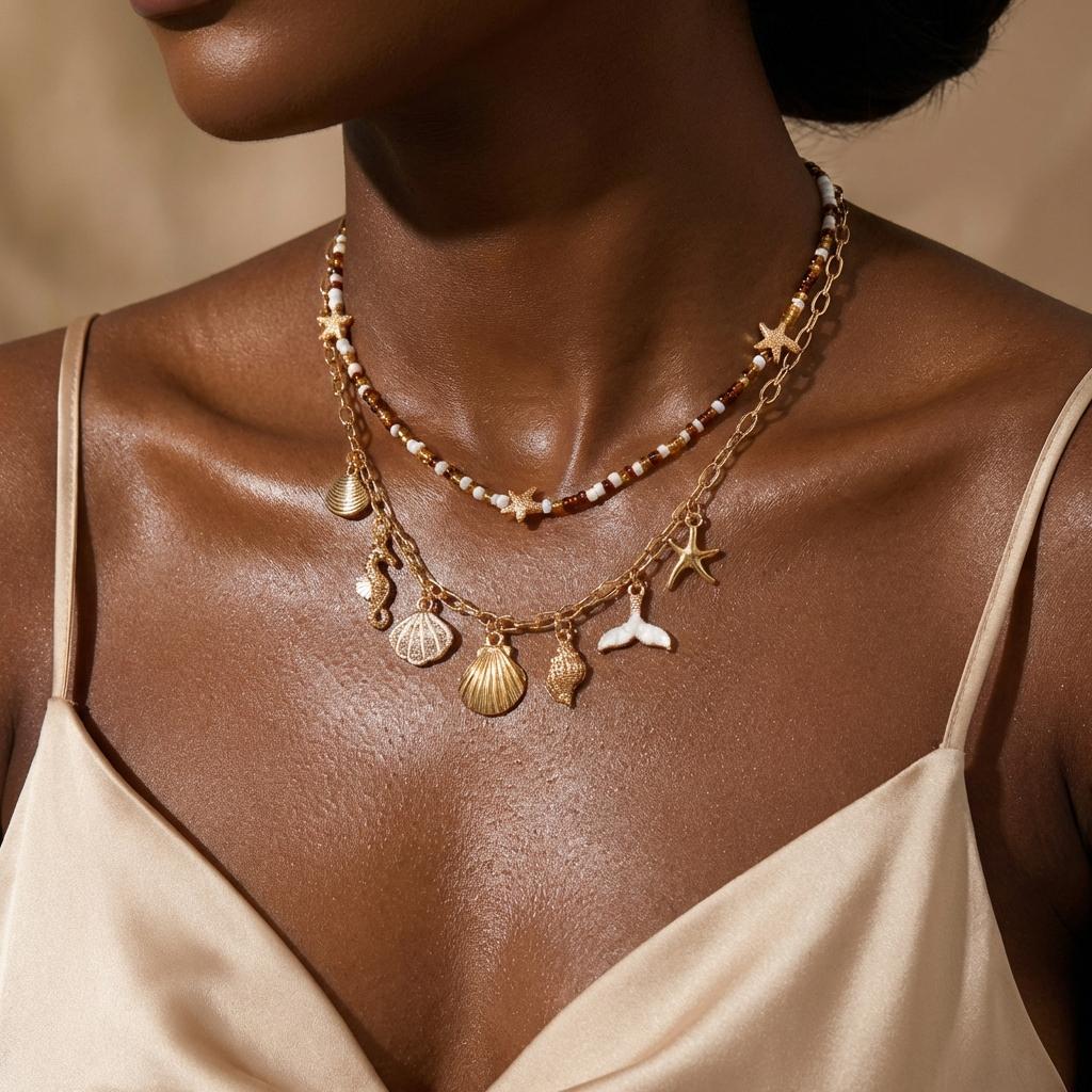 Vintage Shell Starfish Fishtail Clavicle Chain Necklace For Women Bohemian Rice Beads Choker Summer Beach Vacation Charm Jewelry