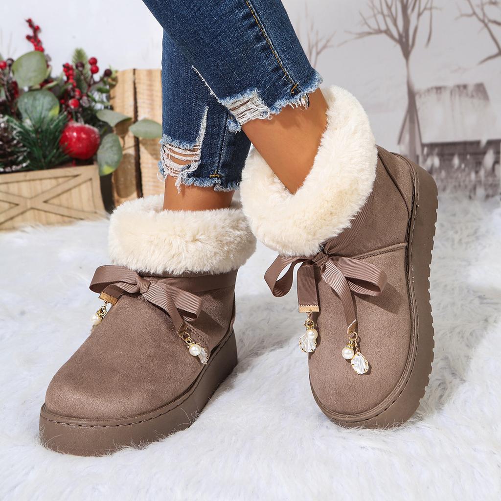 Winter thickened cotton boots new warm fur integrated short thick-soled snow boots bow-turned warm boots