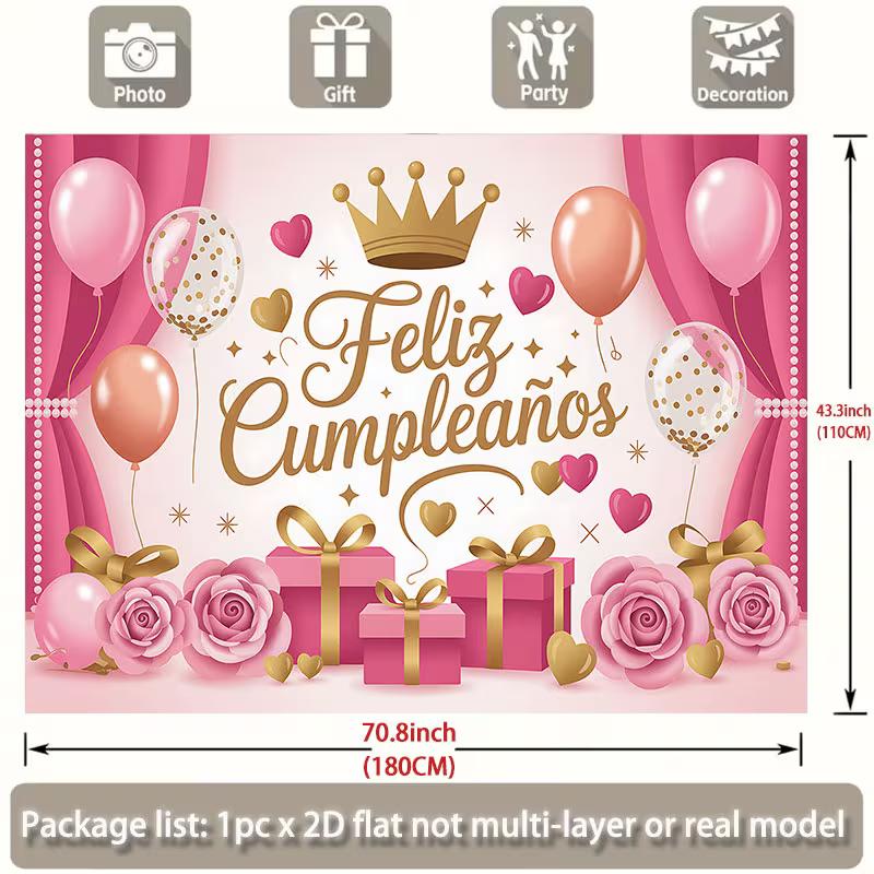 2D Pink Gold Crown Feliz Cumpleaños Backdrop for Princess Birthday Party