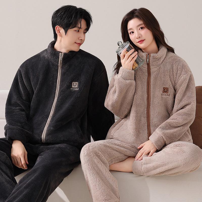 Couple Pajamas Women'S Coral Fleece Autumn And Winter Thickened Fleece Flannel Men'S Winter Warm Loungewear Set