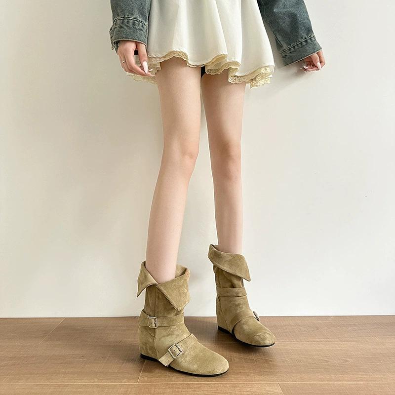 Cowhide version retro belt buckle medium boots women's new thin and versatile western boots inner height increase Martin boots