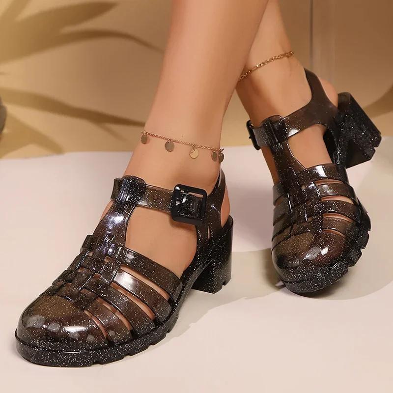 Fashion Gladiator Sandals 2025 Women High Heels Transparent Sandals Summe Sequins Thick Heeled Rome Women Shoes Closed Toe Beach Sandles