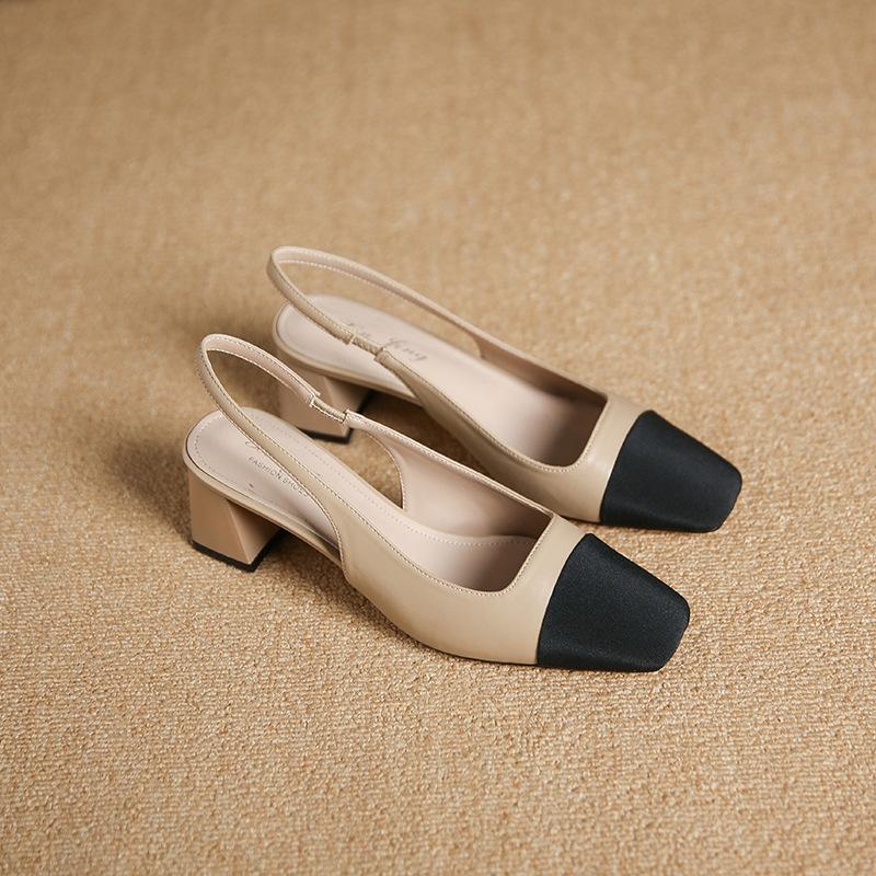 

3337-12 Korean version niche square head color matching thick heel women s shoes light mouth back strap sandals bag head empty single shoes women 35 хаки