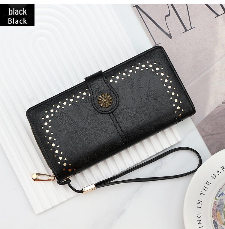 Women's Oil Wax Leather Zipper Wallet with Coin Purse & ID Holder
