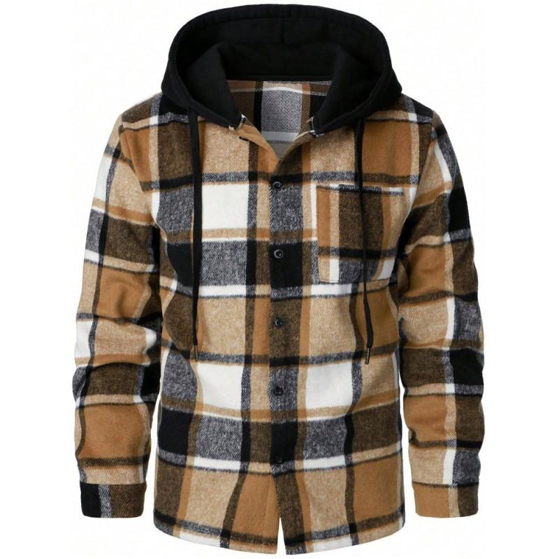 Mens Warm Hooded Plaid Shirt Loose Fit Casual American Style Jacket